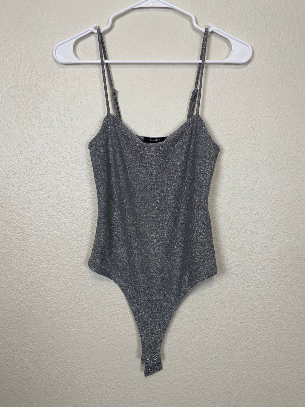 Forever 21 Women Shimmery Bodysuit Spaghetti Strap gray Silver M